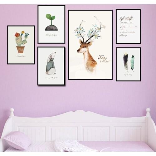 Nordic Simple Animal Plants English Deer Rabbit Art Background Wall Decorative Painting wall pictures for living room posters