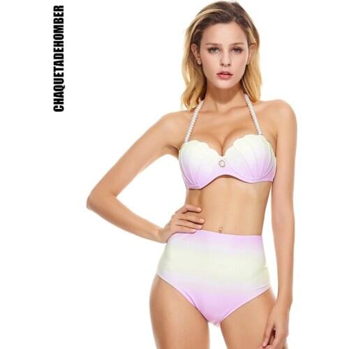 High Waist Bikini Women Swimsuit Purple Gradient Shell Bikini Set Push Up Swimwear Sexy Pearl halter Bathing Suits Beach Wear