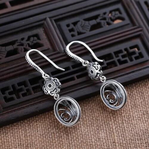 Art Deco Vintage Sterling Silver 925 Hook Earrings Women 9.5x11.8mm Oval Cabochon Amber Agate Opal Lapis Lazuli Jewelry Setting