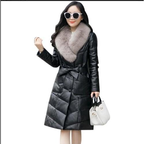 New natural fox fur leather ladies long down jacket real fur fox fur collar classic thin sheepskin coat