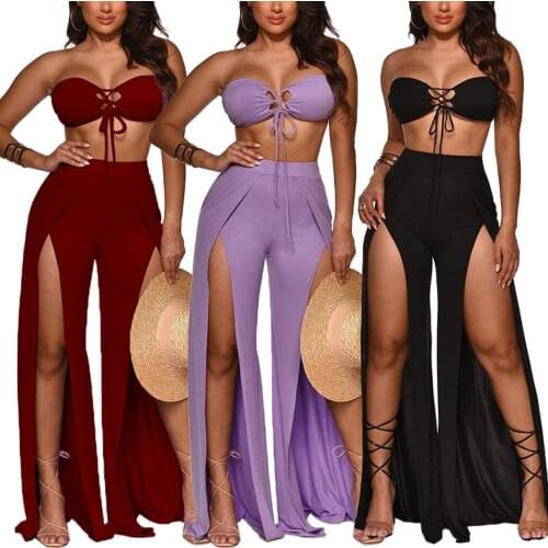 2 Pieces Suit Set Female Solid Color Sleeveless Strapless Crop Tops+ Loose Split Long Pants for Summer Fashion Clothing