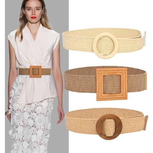 Womens Braided Waist Belt Wooden Smooth Buckle Fake Straw Boho Fashion Wide Belts Vintage High Quality Big Cummerbunds Dress