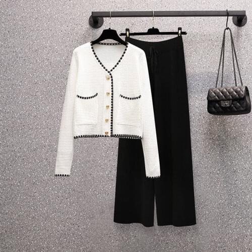 WTIANYUW Women Knitted Sets 2021 New Spring Autumn Two Piece Set V Neck Cardigan Tops+Elastic Ankle Length Wide Leg Pants
