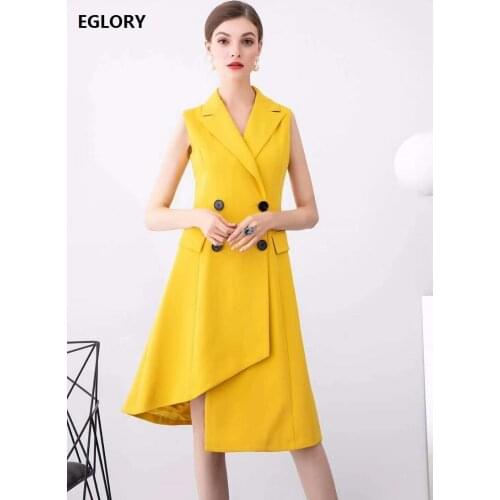 Long Blazer Dress 2020 Autumn Winter Fashion Long Coat Dress High Quality Women Notched Collar Asymmetrical Style Yellow Coats