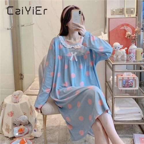 CAIYIER Women Night Dress Blue Dot Print Oversize Sleepwear Cute Girls Lingerie Loose Long Sleeve O-Neck Lace Night Shirt Gown