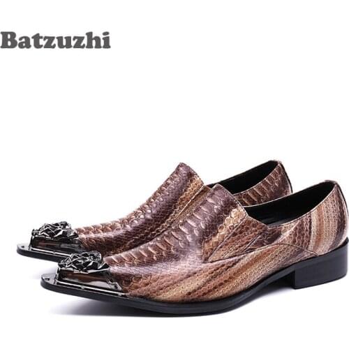 Batzuzhi 2020 New Men Dress Shoes Leather Pointed Iron Toe Brown Genuine Leather Shoes Men for Business, Wedding and Party, US12
