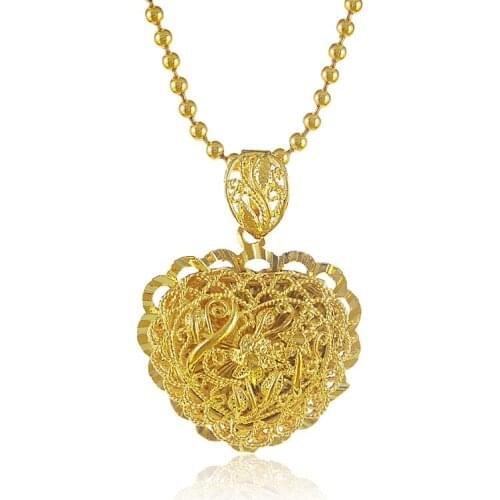 Free Shipping 24K Yellow Gold Color Necklace Heart Flower Pendant 46cm 2mm Beads Necklaces Jewelry High Quality P043