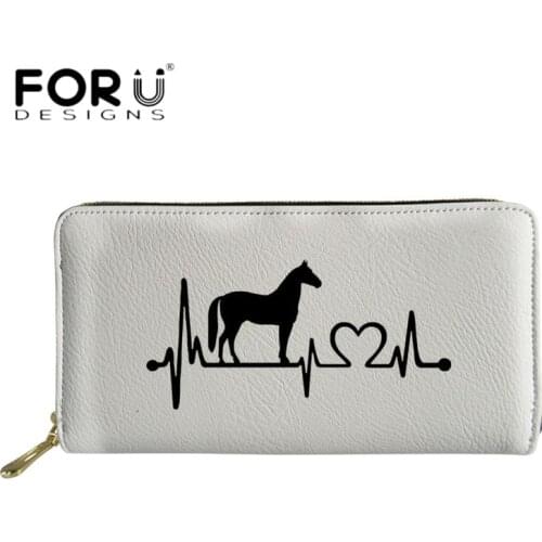 FORUDESIGNS Black White Wallet Women Luxury PU Purse Heartbeat Horse Design Long Wallets for Casual Ladies Girls Card Cases Bags