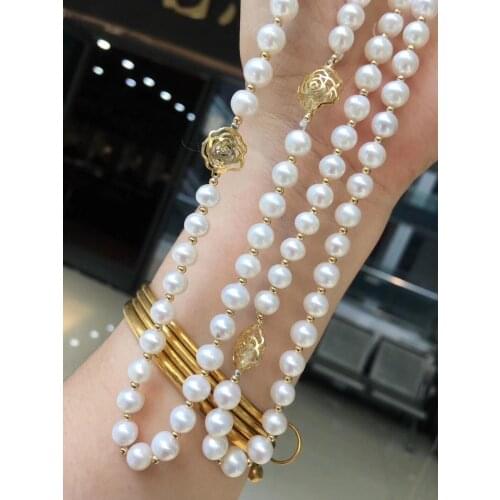 D119 Fine Jewelry Natural Fresh Water White Peals Sweaters Chain 7mm Necklaces for Women Fine Pearls Necklaces