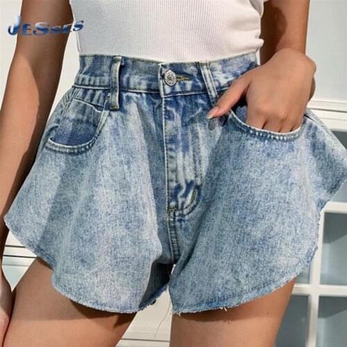 Summer Fashion Ruffle Jean Washed Distressed Blue Jeans Vintage Denim Short Hot Casual Shorts Korea Zipper Women Short 2XL mujer