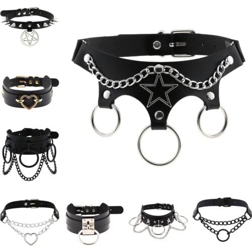 Erotic Sexy Leather Bondage Harness Strap of Punk Choker Collar with Metal Chain for Women Fetish Cosplay Goth Jewelry Accessory