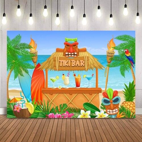 Aloha Tiki Bar Birthday Backdrop Children Summer Beach Portrait Photo Background Studio Photocall Sufboard Palm Tree Photocall