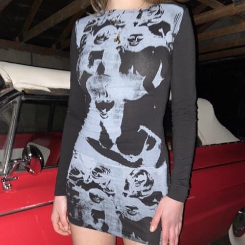YiYiMiYu Y2K Gothic Print Bodycon Dresses Women Sexy Backless Strapless Halter Tube Dresses Harajuku Streetwear E-girl Summer