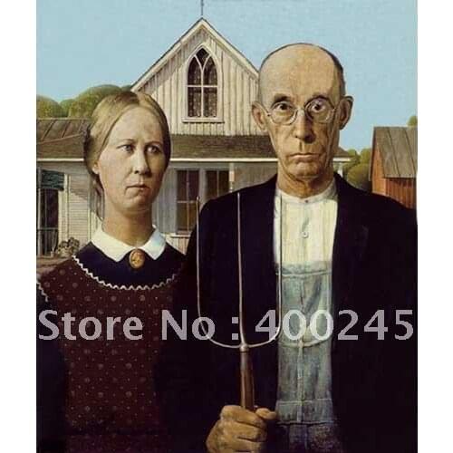 Portrait oil painting famous artwrok American Gothic by Grant Wood Canvas for wall decor 100%handmade High quality free shipping