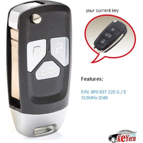 KEYECU Replacement Upgraded Replacement Flip Remote Key Fob 315MHz ID48 for Audi A3 TT 2006-2010 P/N: 8P0 837 220 E