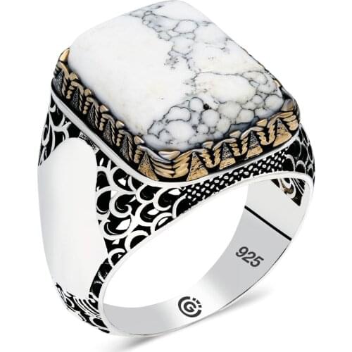 Solid 925 Sterling Silver Ring with Natural Rectangle White Turquoise Gemstone Made in Turkey Gifts for Men Gifts for Dad