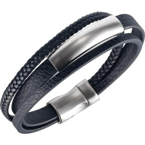 Cyue European Men Boy Braided Multi-layer Leather Bracelet Charm Stainless Steel Megnetic Button Wristband ZYLB0178