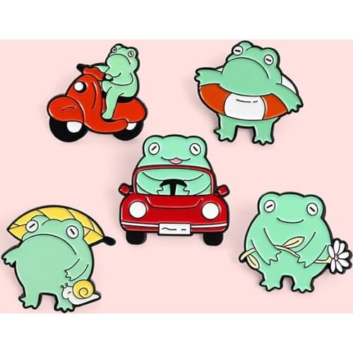 Fashion Cartoon Vacation Badge Cute Leisurely Driving Swimming Frog Metal Enamel Brooch Fun Lapel Backpack Jewelry Accessories