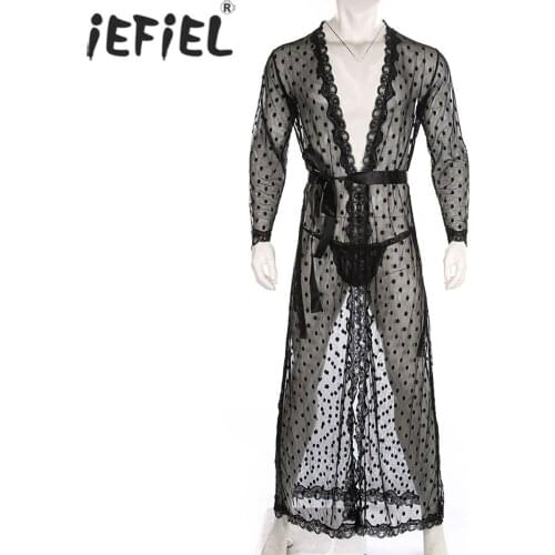 Men Fashion Polka Dot See-through Mesh Lace Trim Exotic Chemises Suits Sheer Night-Gown with Underpants Sexy Lingerie Costume