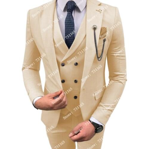 Black/Navy/Blue/Green Slim Fit Men Suits Prom Party Blazer+Double-Breasted Vest +Pants Notch Lapel Groom Tuxedos Custom Made