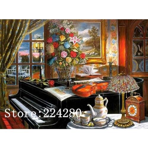 Classical Needlework Play Piano 14ct Canvas Unprinted Flower Handmade Violin Embroidery Cross Stitch Kits Set DIY Home Decor