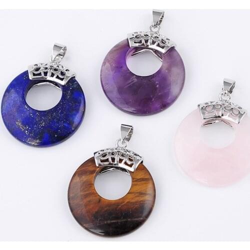 New 1Pc Silver Plated Natural Tiger eye stone Purple Amethysts Round Hollow Shape Retro Pendant for Necklaces Fashion Jewelry