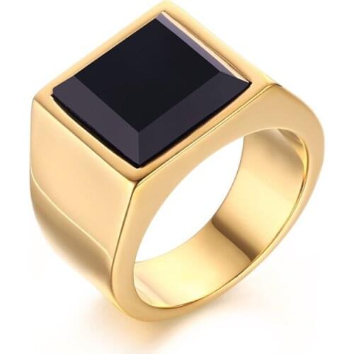 Black Stone Wedding Bands Rings for Men Jewelry Punk Gold-color Engagement Ring Large Stone Ring Jewelry