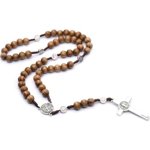 Handmade Round Bead Rosary Necklace for Men Cross Jesus Pendant Catholic Religious Jewelry Gifts
