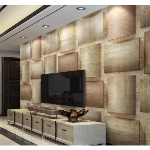 Custom wallpaper 3d stereo style box wood grain TV background wall decoration high quality waterproof material