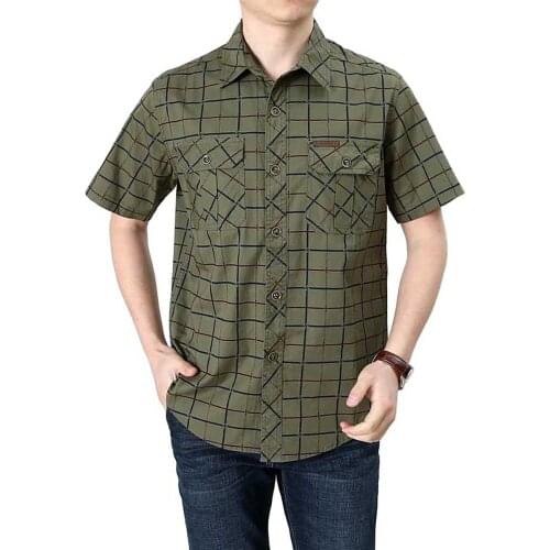 New Fashion Plaid Military Style Shirts Men Casual Loose Baggy Shorts Sleeve Shirt Streetwear Male Clothing