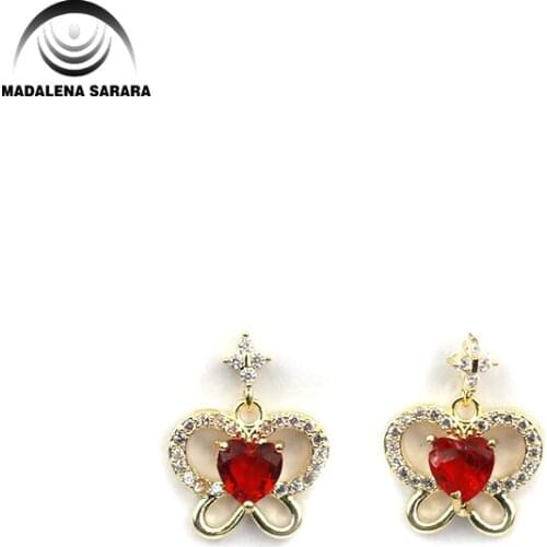 MADALENA SARARA S925 Needle Dangle Earring Red AAAA Cubic Zirconia And Crystal Inlaid Butterfly Style Girls Earring