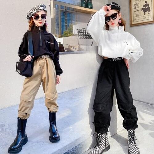 Girls Sports Suit 2021 Hip Hop Clothing Sweatshirt Top Long-Sleeved T-shirt + Loose Pocket Cargo Pants