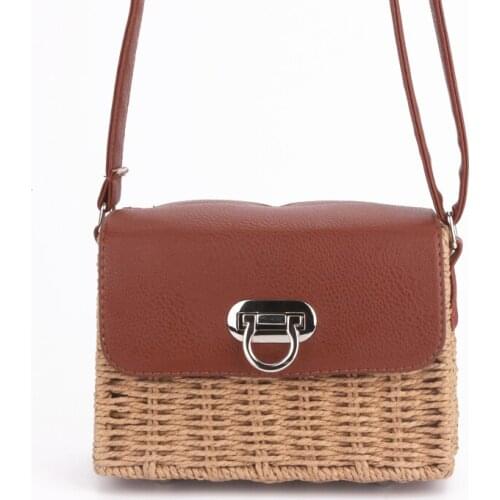 Womens woven Casual Boston handbags Handmade Straw Bag+PU Leather girls Vintage Square Straw Crossbody Bag Weaving shoulder bag