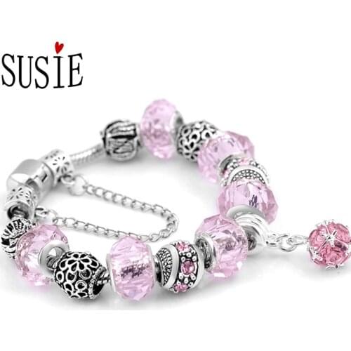 LOVE SUSIE Bracelet Women Fashion Crystal Bracelets DIY Alloy Stainless Steel Bangles Jewelery Beads Girls Gift
