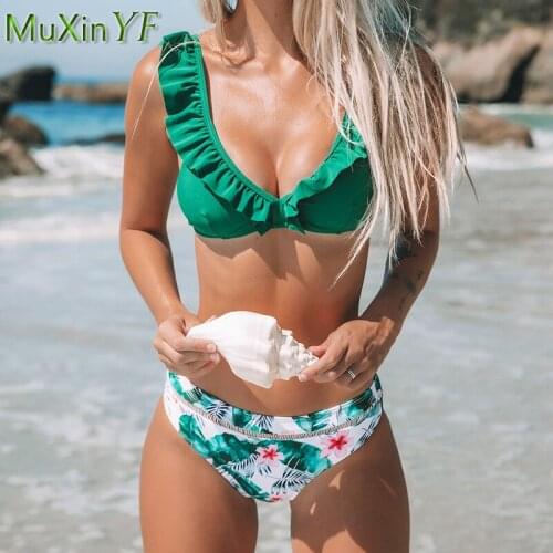 Women Sexy Green Ruffle V-Neck Bikini Set 2021 Summer Bohemian Print Midi Waist Bathing Suits Girls Beach Two Pieces Swimwear