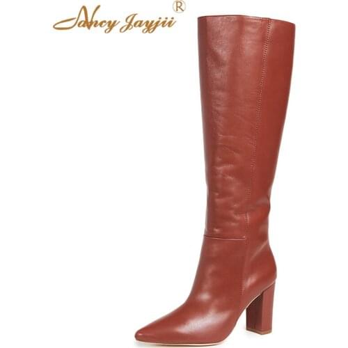 Brown Winter Ladies Knee High Boots Warm Vegan Leather Slip-On Pointed Toe Chunky Heeled Shoes Woman Solid Concise Size 42 43 44