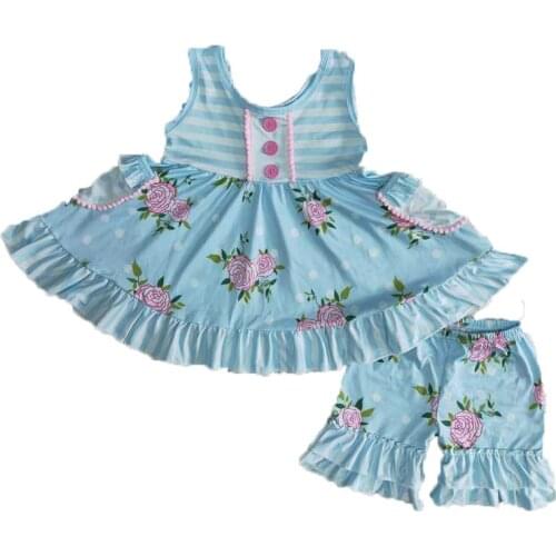 New Baby Girls 2 Set Blue Floral Print Lace For Toddler Girls Wear Best Selling