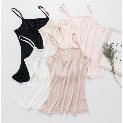 Birdsky, 2pcs 70% viscose 30% mulberry silk Women camisoles tanks tops spaghetti strap vest, lace round neck, 5 colors. OR-29