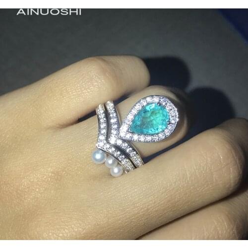 AINUOSHI 14K/18K Golde Luxury Pear Shape 7*10mm Bule AINUOSHI Stone Freshwater Pearl Bridal Ring For Women Fine Jewelry