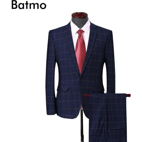 Batmo 2019 new arrival high quality plaid casual suits men,smart casual mens suits (jackets+pants) plus-size S-4XL 8908