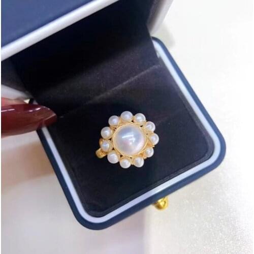 Best seller open end adjustable size gold women ring handmade natural white real pearl beads sunflower nice quality jewelry
