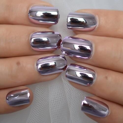 Shiny Punk Rock Style Metallic Pastel Purple Fake False Nails Metal Plating Acrylic Short Mirror Press on Nail Art Tips
