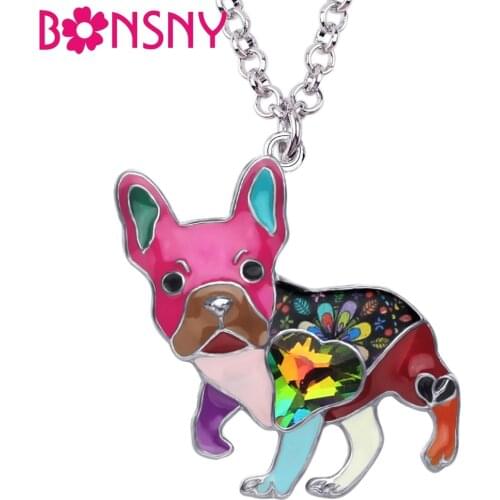 Bonsny Enamel Alloy Crystal Rhinestone French Bulldog Pug Dog Necklace Pendant Collier Animal Pets Jewelry For Women Girls Gift