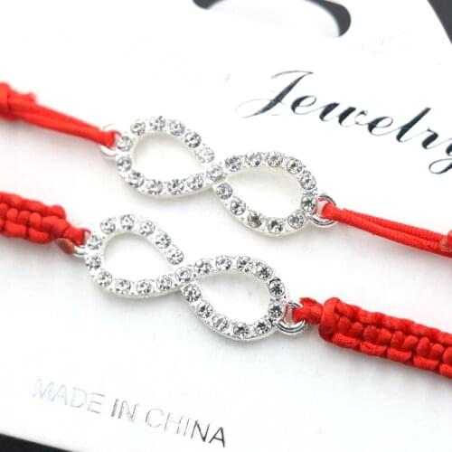 2pcs/set Women Silver Color Crystal Zircon 8 Infinity Bracelet Braid Red Rope Thread Bracelet For Couples Kids Girls Love Gift