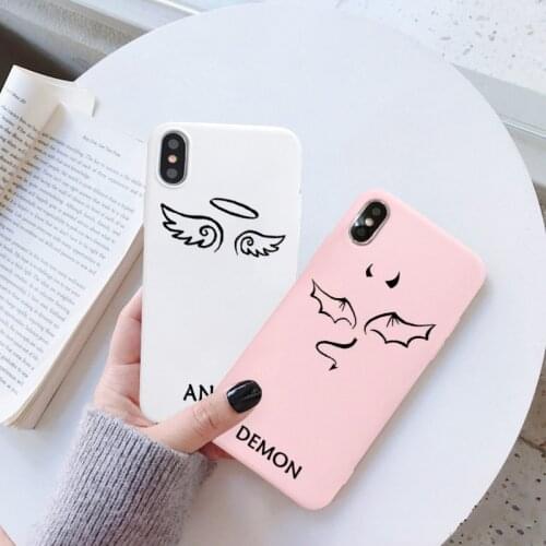 JAMULAR Cute Demon Angel Phone Case For iPhone 11 XS MAX XR X SE2020 7 8 6Plus Pink White Couple Back Cover Soft TPU Matte Funda