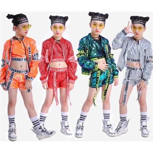 Kids Jazz Dance Costumes Sequined Jacket Tops Shorts Hip Hop Clothing Girls Street Dancing Show Wear Child Stage Outfit DNV11004