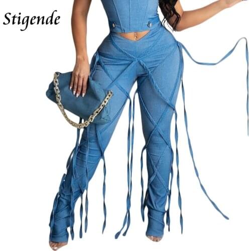 Tassel Women Sexy Patchwork Cute Bandage Jeans Summer Casual Thin Denim Pants Ladies Fashion Tie Up Pencil Trousers Streetwear