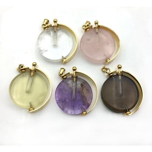 Natural round shape swing vial rotate gems stone Perfume Bottle clear quartz amethysts Essential Oils Diffuser gold necklace