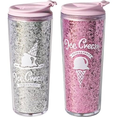 Mugs Coffee Travel Mug Glitter Cup Ice Cream Pattern Thermos Double-Layer Plastic With Flip Design Water Bottle