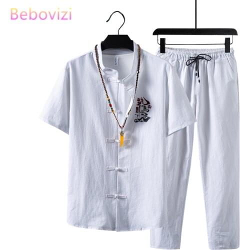 Summer Plus Size M-5XL Cotton Linen Embroidery Hanfu Sets Kung Fu Chinese Style Suit Men Traditional Tang Tops + Pants Clothes